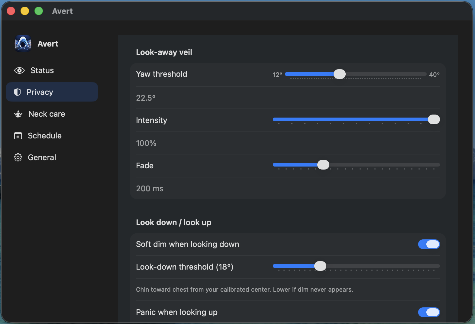 Avert Privacy settings
