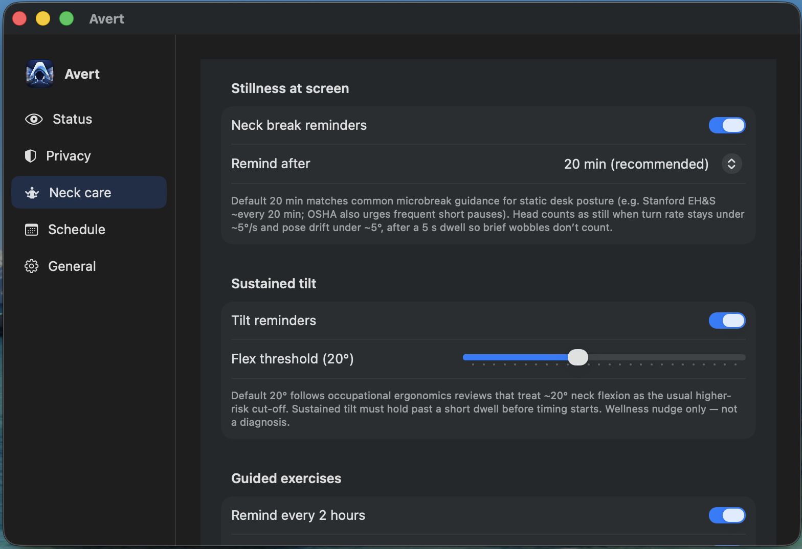 Neck care settings